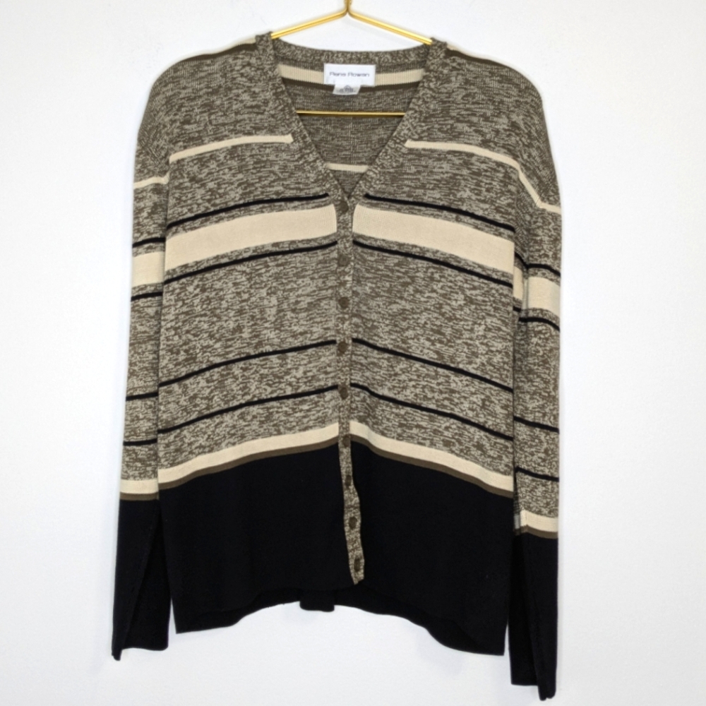 Rena Rowan Large Black & Tan 100% Silk Striped Button Down Long Sleeve Cardigan